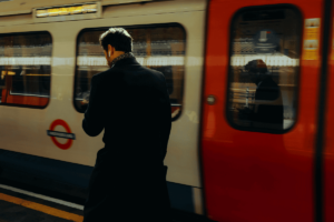 man waiting on a platform for a London tube train